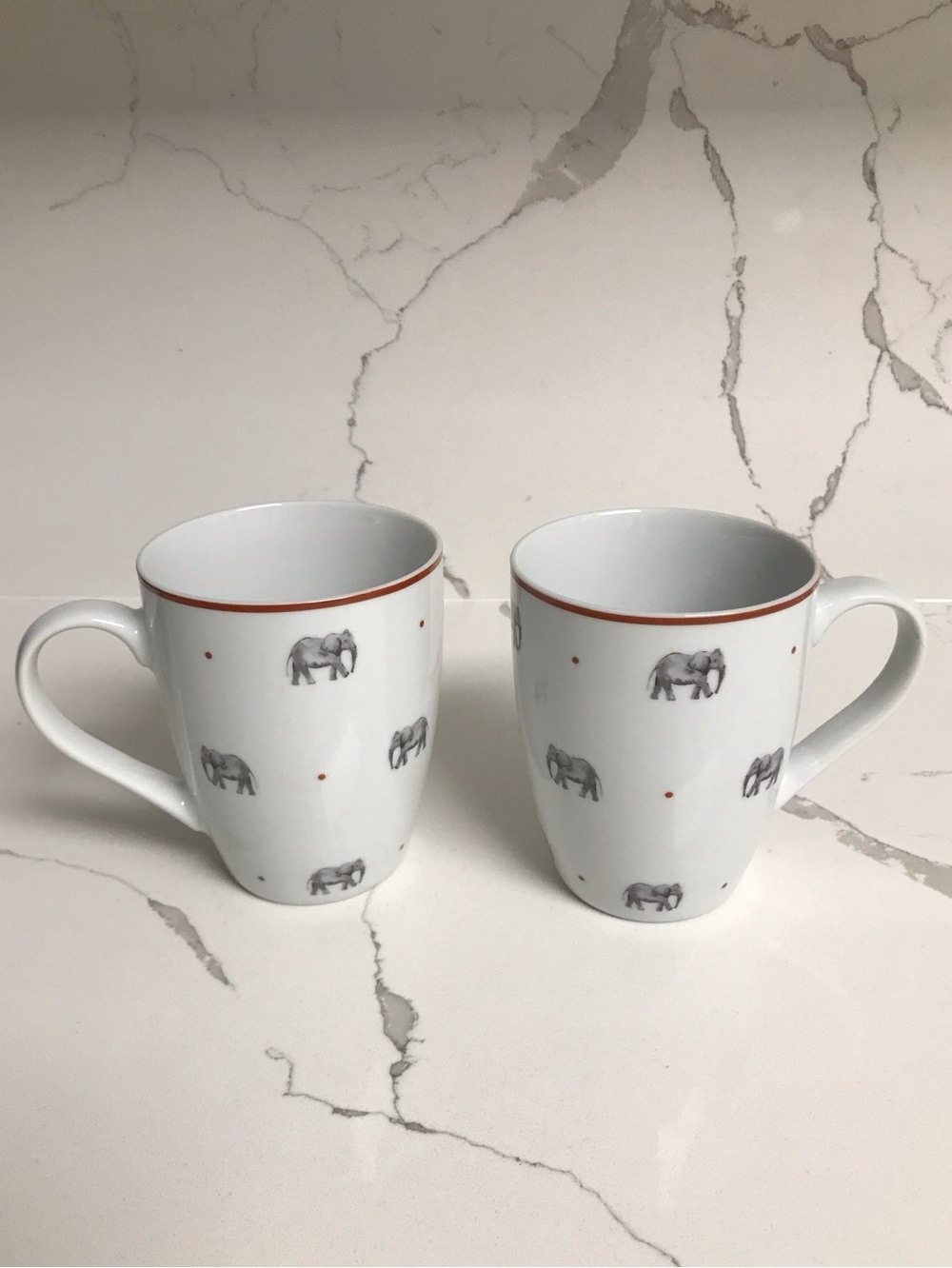M & S White Porcelain Elephant Pattern Mug with Red Rim - Set of 2